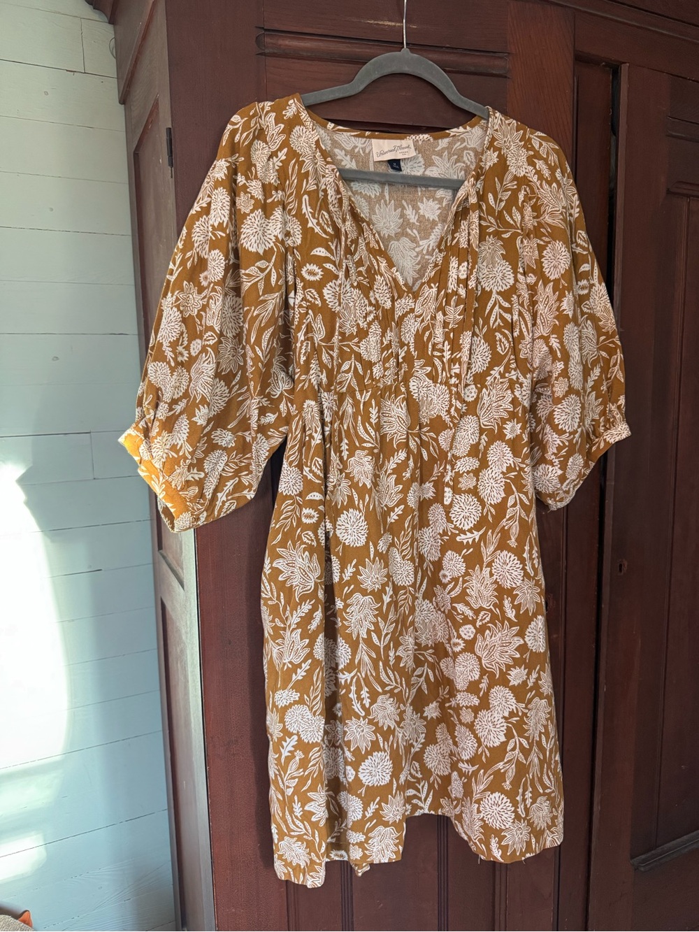 Floral Peasant Dress in Mustard White